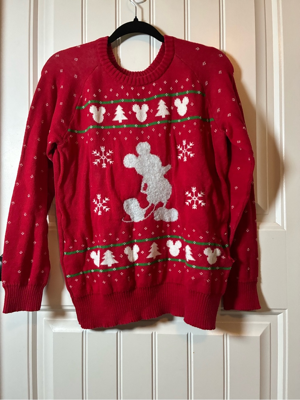 Disney Red Mickey Mouse Holiday Sweater with White & Green Accents